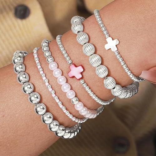 Long tiantian 5PCS Gold Beaded Bracelets for Women Non Tarnish Dainty Pearl Beaded Bracelet for Women Trendy Clay Bead Bracelets Stack Stretch Bracelets for Women Gifts 20253