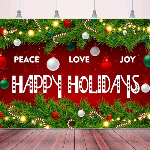 Happy Holidays Celebrate Backdrop Banner Peace Love Joy Happy Holidays Wall Hanging Decor Red Glittering Xmas Winter Holiday Party Photo Photography Prop Booth Background 70.9x47.2in-BECKTEN