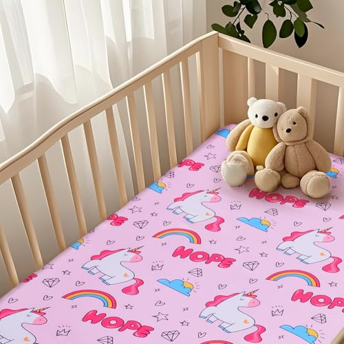 Image of Unicorn Baby Fitted Crib Sheet Soft Microfiber 52 inch x 28 inch Crib Mattress Sheet for Girls Breathable Baby Bedding with Rainbow Unicorn Design