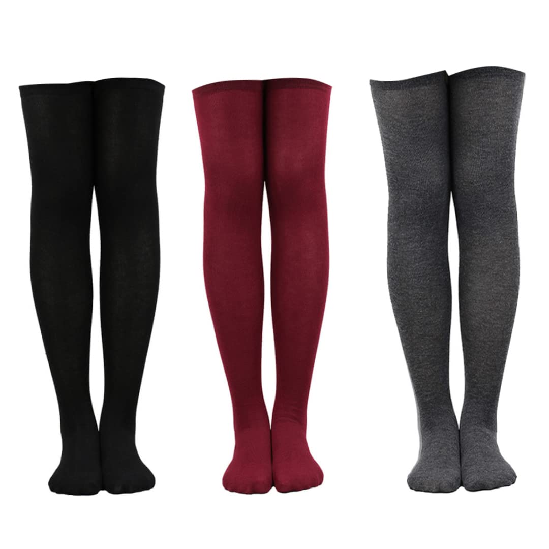 CUCUFA Calcetines extra largos Muscos altos calcetines de algodón extra de botas largas Mujeres para niñas 3 pares gris negro rojo