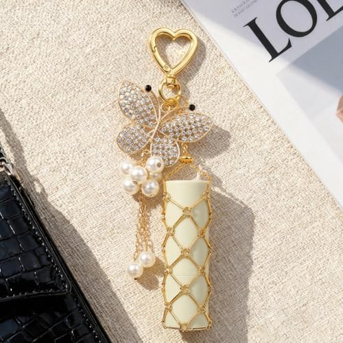 Image of MAYCREATE Bag Charms Y2K Metal Net Lipstick Holder Keychain with Touch Up Mirror, Fashion Golden Makeup Lipstick Balm Organizer Portable Chic Bag Charm Accessories