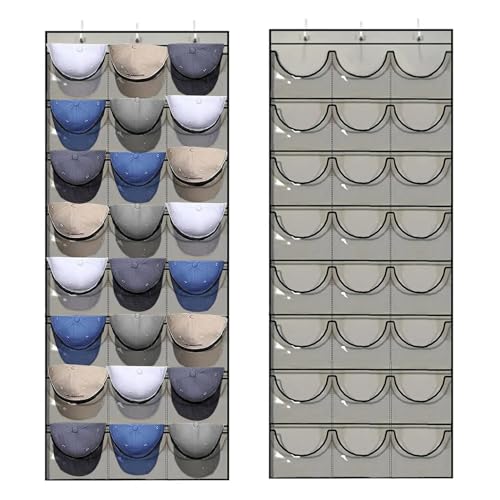 Over The Door Hat Rack - 24 Large Mesh Pockets|Door Hanging Cap Holder|Durable Cap Storage Bag Hanger Grey