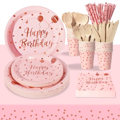 PYAILI Compleanno Stoviglie Rosa e Rosa Oro 193 Pezzi Set Include Piatti, Tovaglioli, Tazze di Carta, Adatto a Tutti i tipi di Feste a Tema -24 Ospiti