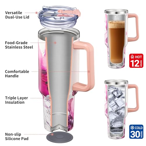 THILY Stainless Steel Insulated Travel Mug 40 oz Water Tumbler with Handle, Coffee Mug with Lid and Straws - Image 4