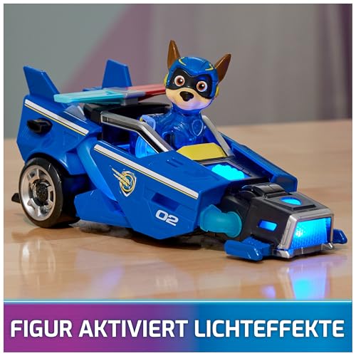 PAW PATROL: Der Mighty Kinofilm, Superhelden-Fahrzeug Spielzeugauto von Chase mit Welpenfigur, Polizeiauto mit Licht- und Geräuscheffekten, Spielzeug für Kinder ab 3 Jahren