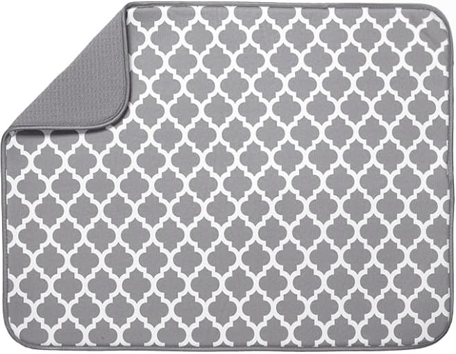 Dish Drying Mat, Absorbent Microfiber Kitchen Counter Mat, Dish Drying Pad for Dishes, Utensils, Pots and Pans , 18" x 24" , White Trellis