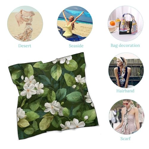 White Jasmine Flowers Women Hair Scarf Square Silk Like Head Scarves Handkerchief Satin Neck Scarf 5