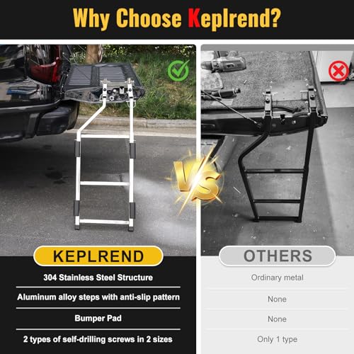 Image of Tailgate Ladder for Pickup Trucks Bed Universal Fit - Rust-Proof Stainless Steel Truck Step Adjustable to 42 inch, Non-Slip Aluminium Steps & Replaceable Rubber Feet, Driving Safety Straps & Bump Pads
