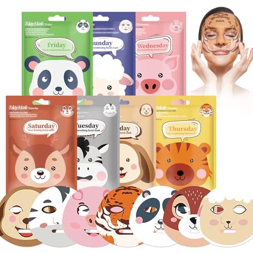 Mascarillas Hidratantes, Animales Mascarilla Facial Hidratante, Mascarilla de Nutre Y Calmantes, Mascarilla Facial Niña, Calma la Mascarilla Facial para la Mayoría de Los Tipos de Piel-7 Piezas