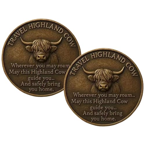WIizyzfhy Highland Cow Challenge Coin - Travel Guardian Token & Lucky Charm, Perfect Commemorative Gift for Travelers and Adventurers(2/4PCS) (2Pcs)