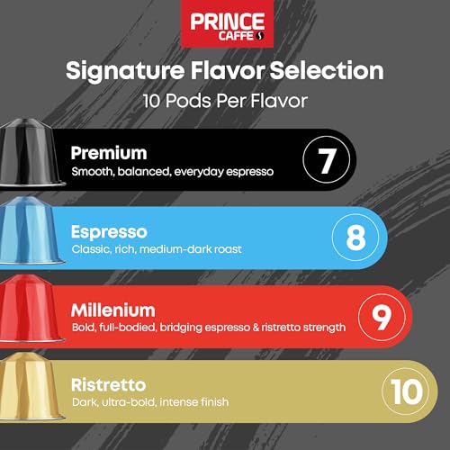 Image of Prince Caffe Espresso Pods - 4 Flavor Variety Pack - Intensity 7-10 Medium to Dark Roast Coffee Capsules - Compatible with Nespresso, Pods for Original Line Machines - 4 x 10 Pack (40 Count) NOT Compatible with Vertuo
