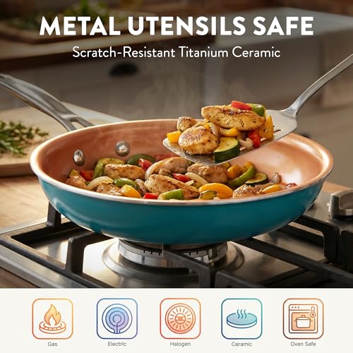 Image of GOTHAM STEEL 20 Piece Copper Pots and Pans Set Nonstick Cookware & Ceramic Bakeware Set, PFOA PFOS Free, Dishwasher /Oven Safe to 500F, Non Toxic, Metal Utensil Safe - Turquoise