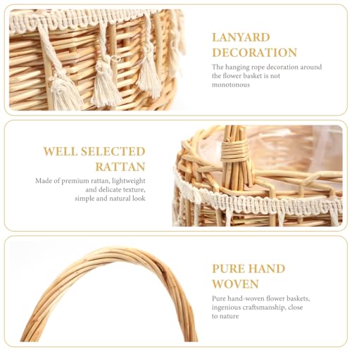 Image of DOITOOL Wicker Rattan Flower Girl Basket with Fringe, Small Wicker Rattan Basket with Handle, Rustic Petal Storage for Wedding Ceremony, Handmade Woven Photography Prop, Easter Egg Hunt Decoration