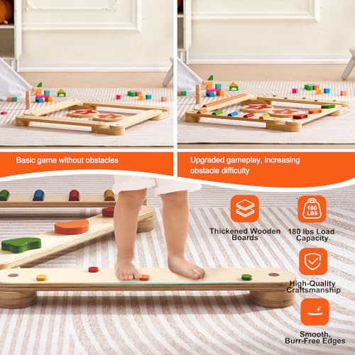 Image of VEVOR Balance Beam Stepping Stones, 6 PCS Wooden Toddler Balance Boards, Montessori Toy for Kids 3-6, Build Coordination and Gross Motor Skills Gymnastics Obstacle Course Indoor Outdoor for Girls Boys