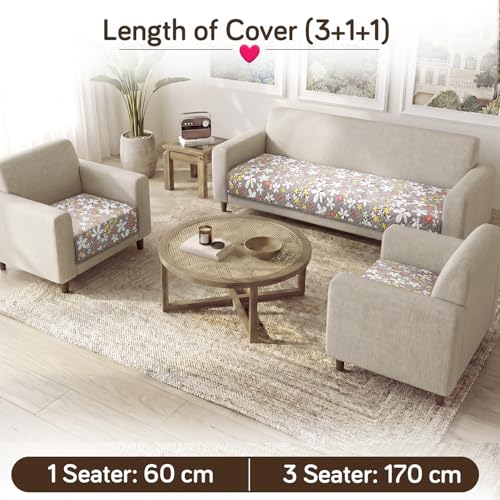 Image of HOKIPO 'Homehues Series' Printed Quilted Sofa Cover 5 Seater Set - Washable 3+1+1 Sofa Cover Mat, Pastel Brown Sandwort Flower (IN-806 * 2 + IN-809 - D1)