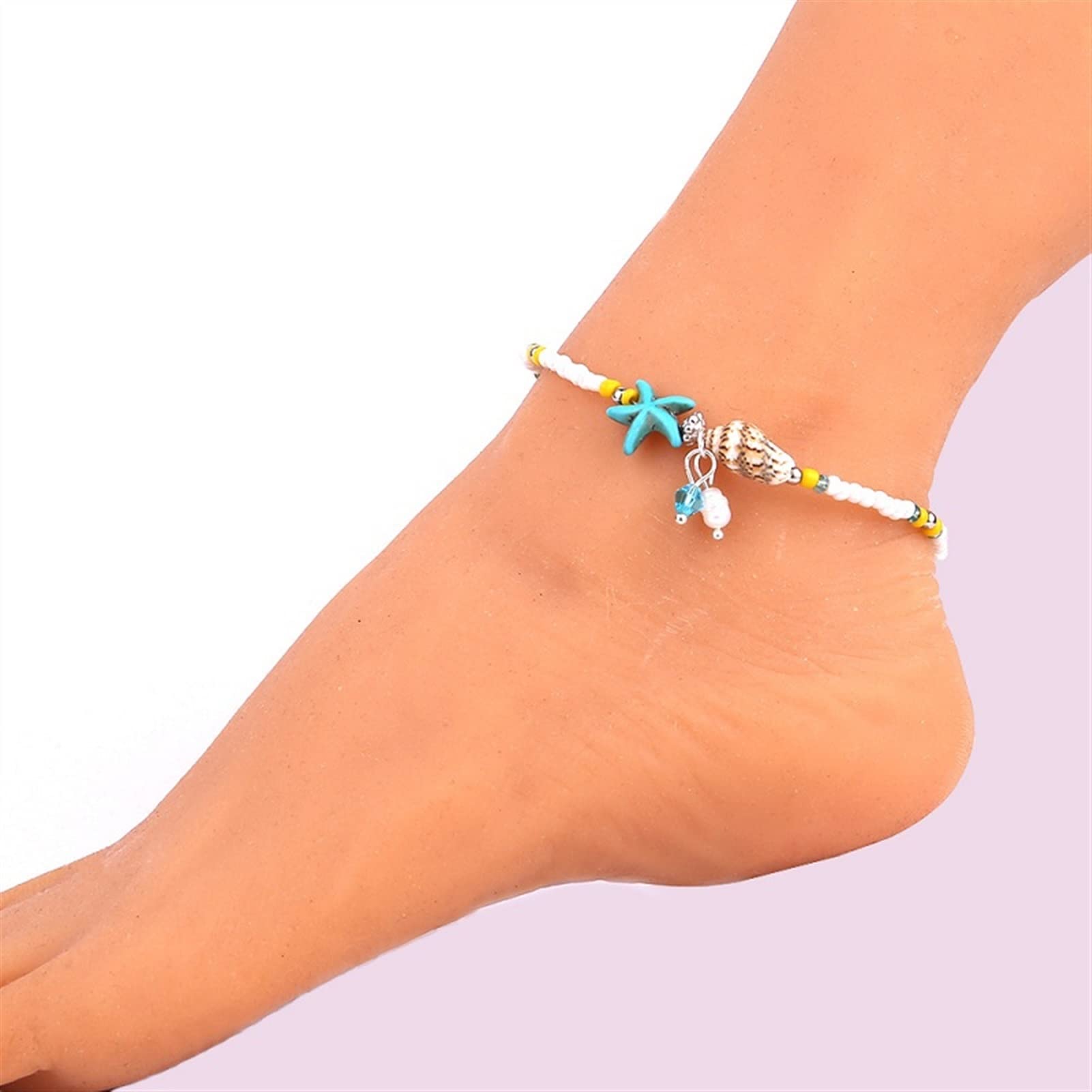 Fußkettchen/Fußkettchen Einfache Reisperlen-Seestern-Fußkettchen Strand-Yoga-Armband Fußdekoration Schönes Trend-Fußkettchen (ca. 25 cm) Fußkettchen (Farbe: Blau)