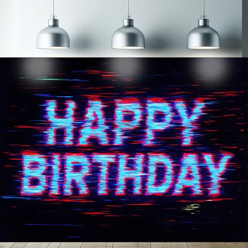 Starlit Patio Glitch Happy Birthday Tapestry 78 x 59 Inch Cyberpunk Blacklight UV Reactive Banner for Kids Adults Neon Glow in the Dark Trippy Decorations Wall Backdrop Psychedelic Decor