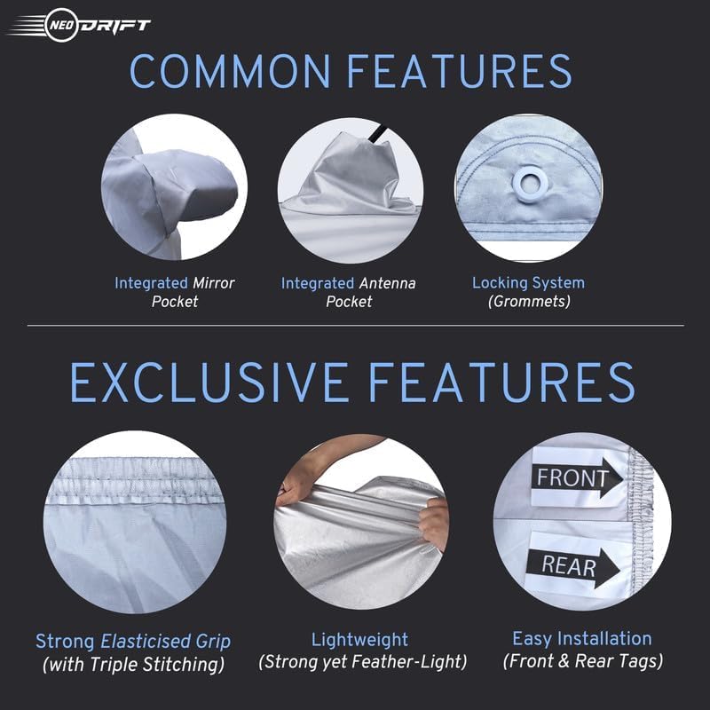 Image of NEODRIFT 'SilverTech' Car Cover for Tata Zest (100% Water-Resistant, All Weather Protection, Tailored Fit, Multi-Layered & Breathable Fabric) (Colour: Silver)