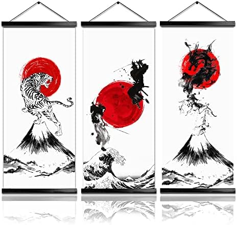 MBOUFOEY Japanese Samurai Canvas Print Hanging Poster Original Art Dragon and Tiger Warrior Painting Wood Framed Ready to Hang Artwork for Wall Living Room Bedroom Karate Hall Sushi Restaurant Home Decorations (Black,40x90cm 3Pcs)