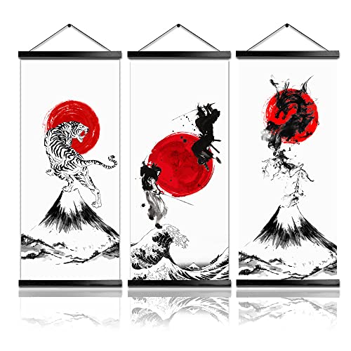 Mboufoey Japanese Samurai Canvas Print Hanging Poster Original Art Dragon And Tiger Warrior Painting Wood Framed Ready To Hang Artwork For Wall Living Room Bedroom Karate Hall Sushi Restaurant Home Decorations (Black,40X90Cm 3Pcs) #TOP30