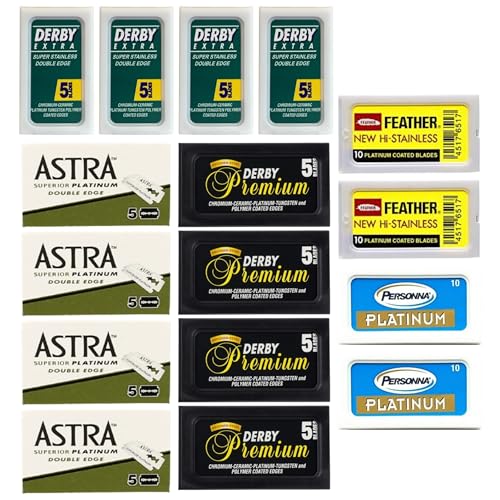ABS American Beauty Supply Double Edge Safety Razor Blades Sampler Pack for Men-Includes 4 Top Global Brands: Feather Astra Personna Derby-Comfortable Shaving –Fits All Double Edge Safety Razors (100)