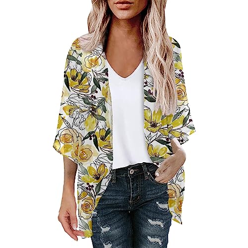 oelaio Women's 3/4 Sleeve Cardigans 2023 Thin Cardigan Womens Summer Bohemia Flower Kimono Ruffles Long Sleeve Tops