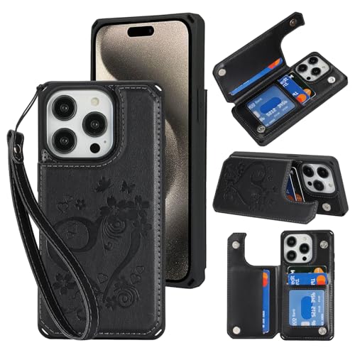 iCoverCase Compatible with iPhone 15 Pro Max Wallet Phone Case with Card Holder for Women, RFID Blocking Embossed PU Leather Card Slots Wrist Strap Case (Heart Black)