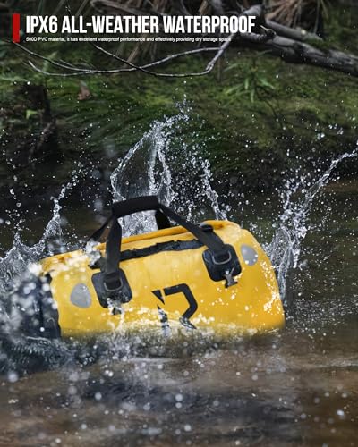 BORLENI Waterproof Motorcycle Dry Duffel Bag Luggage Tail Bag with Large Storage Space,Roll Top Closure, Shoulder Straps, Inner Pocket and Mesh Pocket for Motorcycling Travel Camping(Yellow,50L)4