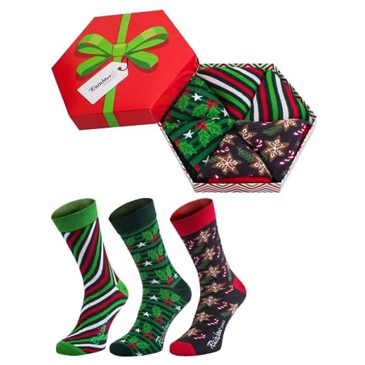 Rainbow Socks - Hombre Mujer Calcetines de Navidad Para Regalo - 3 Pares - Rayas Acebo Estrellas de Pan de Jengibre - Talla 41-46