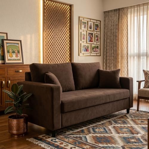 Image of FURNY Luxury Conva 2 Seater Sofa Set for Living Room |Soft Suede Fabric Upholstered | Modern Comfortable Couch for Home Office & Drawing Room | Dark Brown