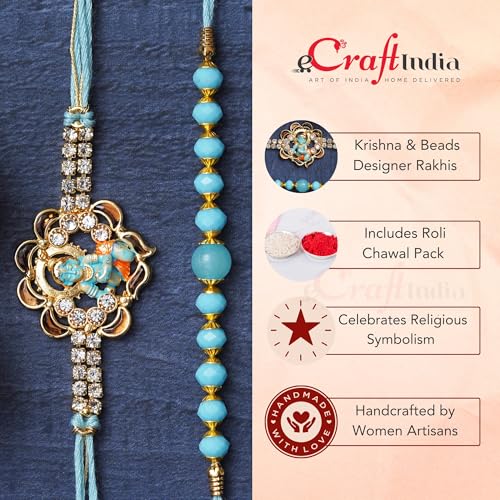 Image of eCraftIndia Set of 2 Ladoo Gopal Krishna and Beads Designer Rakhis, Best Bro Ever Fridge Magnet with Roli Chawal Pack - Rakhis for Brother, Bhabhi, Kids