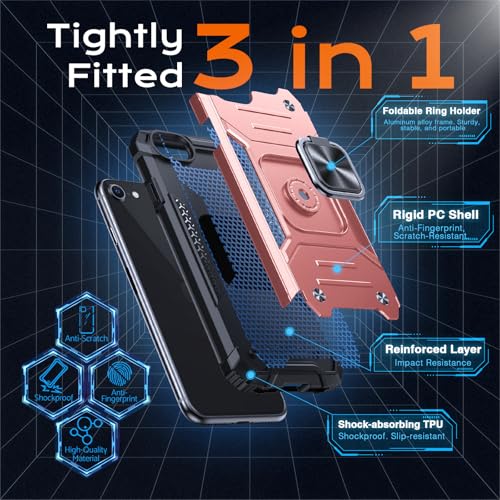 Image of Anqrp Heavy Duty Case for iPhone 6 /7 /8 /SE /SE2 Case with Enhanced Ring Holder Grip Stand, Military Grade Shockproof Rugged Drop Protective Silicone Hard Slim iPhone SE Phone Case Cover,Pink Gold
