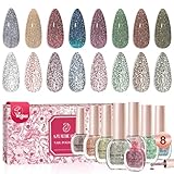 AZUREBEAUTY Reflective Nail Polish Set, 8 Colors Glitter Sparkly Shiny Green Silver Pink Quick Dry Natural Nail Lacquer Vegan Strengthening Treatment DIY Manicure Nail Salon
