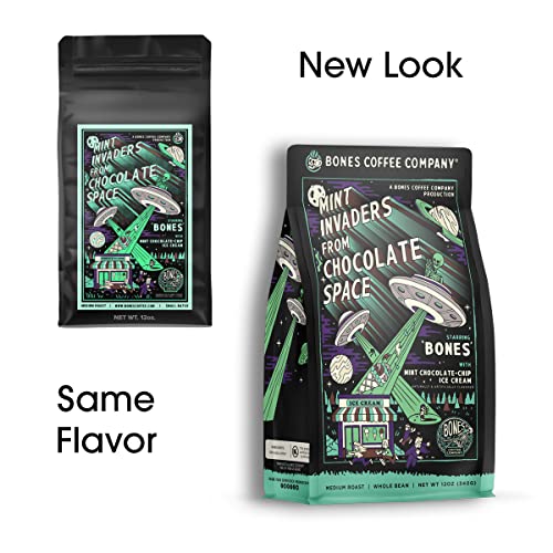 Bones Coffee Company Mint Invaders Ground Coffee Beans Mint Chocolate Chip Flavor | 12 Oz Flavored Coffee Gifts | Low Acid Medium Roast Coffee Beverages (Ground) #TOP2