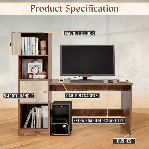 Image of ABOUT SPACE Study Table with Cabinet - Computer Table with 2 Open, 2 Closed Storage Space DIY Engineered Wood Office Desk for PC Laptop Gaming (Beige & Walnut - L 158.5 x B 56 x H 146.5cm)