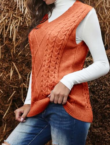 Image of Women's Sweater Vest,Long Cable Loose Knitted Sleeveless V Neck Casual Sweaters Tank Top S~XL