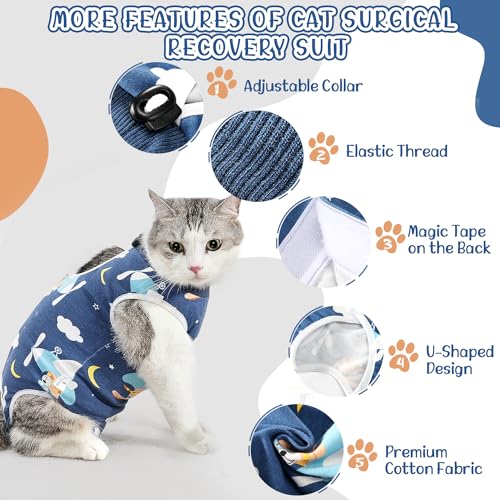 AUTOWT Cat Surgery Recovery Suit, 1PCS Lovely Printed Pet Spay Surgical Clothing, Pet Cone E-Collar Alternative After Surgery Onesie for Small Medium Cats for Abdominal Wounds Anti Licking,Blue,S - Image 4