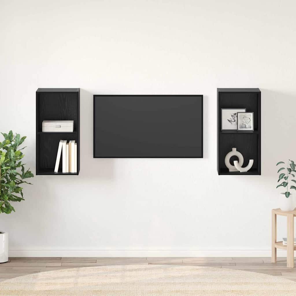 TV-Schrankset 2er-Pack Wandmontiert, Schwarz Eichen-Optik, 37x37x72 cm, Rustikales Design für Wohnzimmer, Media Center mit Stauraum