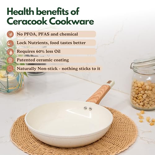 Image of Kreme Ceracook Ceramic Coated Granite Fry Pan 1.8L /24cm with Glass Lid, ISI Certified Frying Pan, Forged Aluminium, Gas & Induction Use, Non Toxic, PFAS & PTFE Free, 1 Year Warranty, Ivory