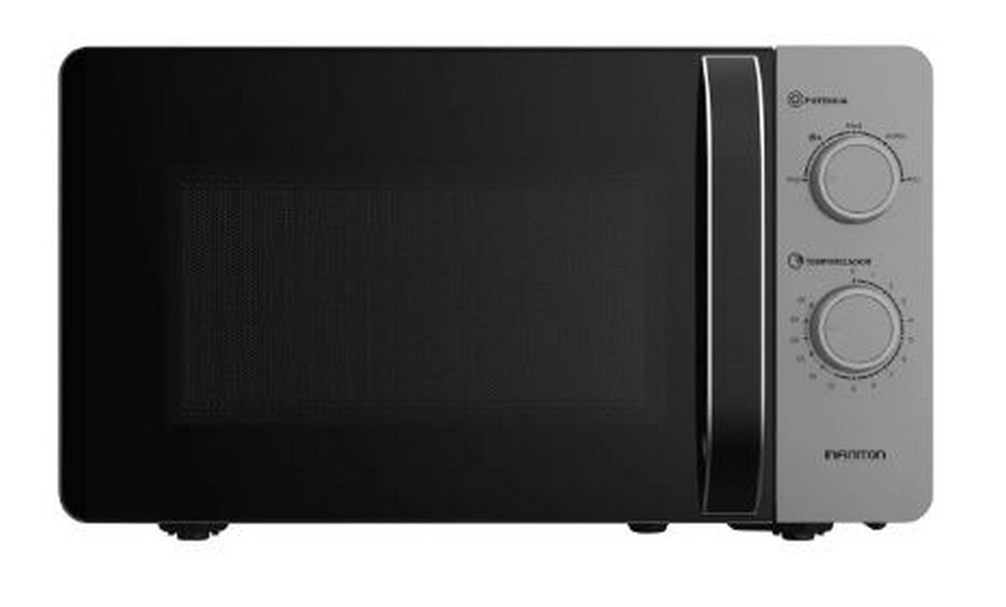 INFINITON Microondas MW-HS2070, 20 Litros, 700 W, Temporizador de 0 a 35 minutos, Función DEFROST, Apertura de puerta con tirador, Plata