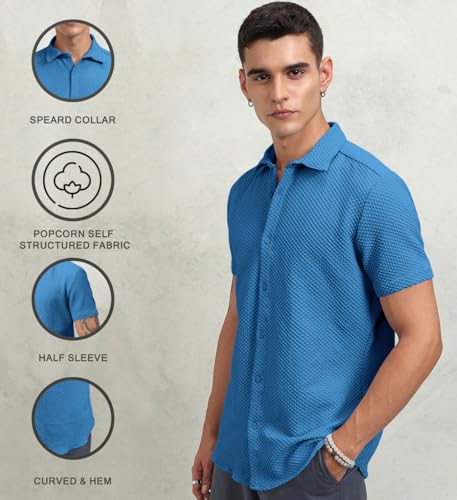 Image of Zombom Men's Poly Cotton Textured Short Sleeve Shirt | Slim Fit Casual Wear | Premium Stretch Fabric | Button Down Collar | Stylish Party Shirt for Men