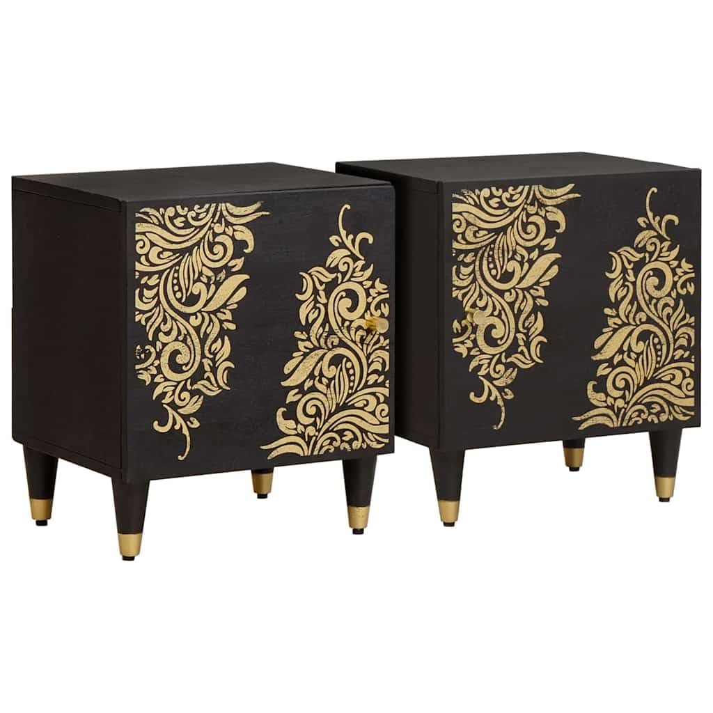 Tables de chevet bois de manguier massif noir 40x33x46cm boutons laiton luxe
