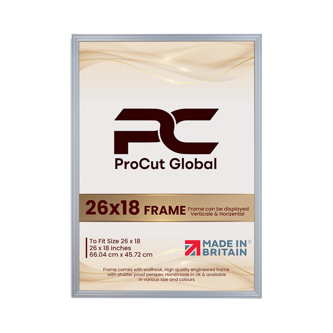 Procut Global 26x18 Silver Picture Frames - Classic Wooden Photo Frame with Shatterproof Perspex for Wall or Tabletop - Perfect for Posters, Certificates & Prints - Sizes & Colors Available