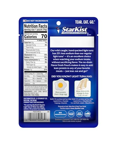 Image of StarKist Light Tuna in Water 25% Less Sodium Pouch (2.6 oz) Ready to Eat, Wild Caught, High Protein Shelf Stable Seafood, Gluten Free, Soy Free, No Draining for Salads and Sandwiches (Pack of 6)