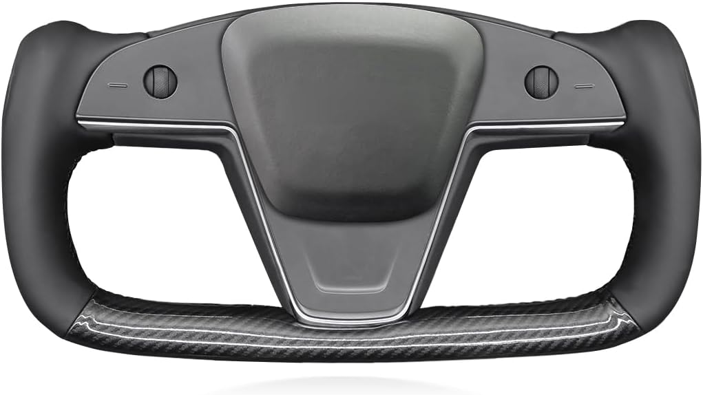 MEWANT Car Steering Wheel Covers for Yoke Style Steering Wheel for Tesla Model S 2021-2023 / Model X 2021-2023 Made of Black Genuine Leather&Carbon Fiber genuine leather+glossy carbon fiber
