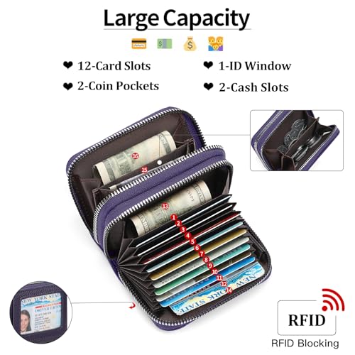 Image of RNIEGA Credit Card Holder Wallet RFID Blocking Leather Small Wallet for Women Double Zipper Wallet with ID Window