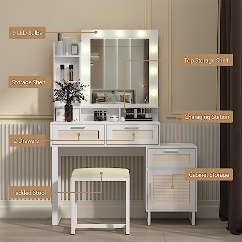Artethys Makeup Vanity Desk With Mirror And Lights Boho Vanity Table Set With Charging Station White And Rattan Vanity Desk With Drawers And Stool For Bedroom #TOP3