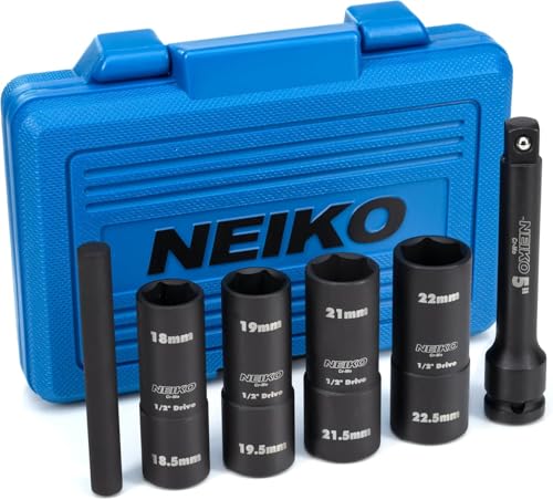 Image of NEIKO 02290B Lug Nut Socket Set, 1 /2 inch Impact Thin Wall Flip Socket Set, Half Size Wheel Socket Set, Metric 6 Point, 5 inch Extension Bar & Knockout Bar, 18.5mm, 19.5mm, 21.5mm, and 22.5mm
