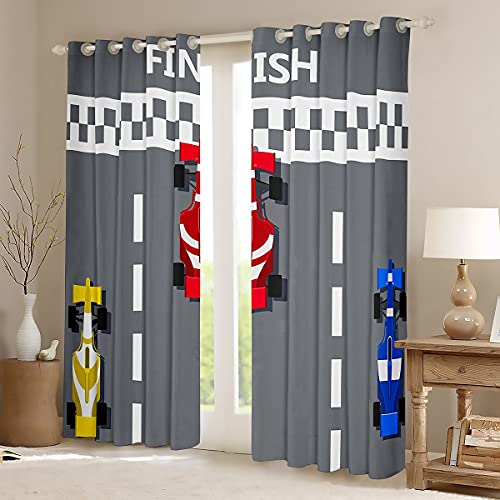 Youth Race Car Window Drapes Formula Racer Window Curtains Extreme Speed Sports Curtain Panels For Kids Boys Cartoon Racing Car Track Window Treatment Window Treatments Living Room Decor 52W"X84L" #TOP2