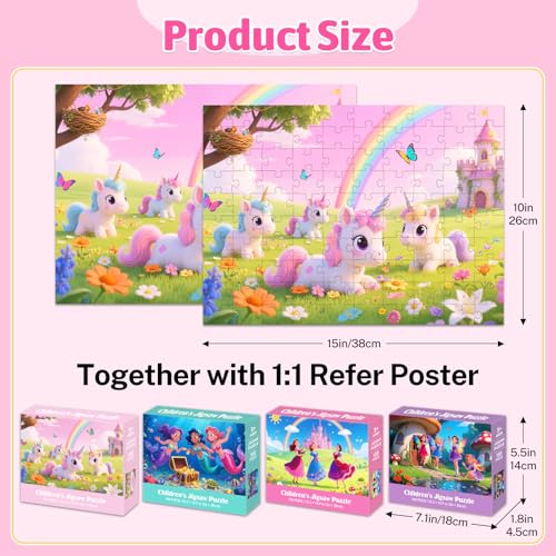 Rompecabezas de 100 piezas para niños de 4 a 6, 6 a 8 y 8 a 10 años: Temas de Unicornio, Sirena, Princesa y Hada — Juego educativo para niñas y niños, paquete de 4 unidades (15" x 10") miniatura 5